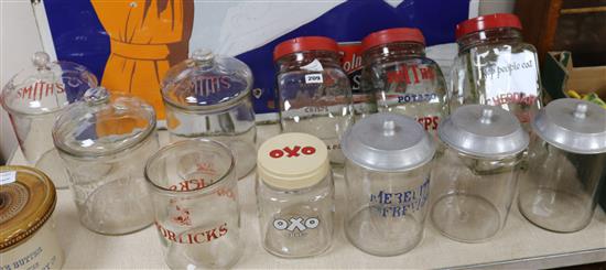 A collection of Edwardian and later Meredith & Drew biscuit, cheese straw and crisps jars (10 with lids)